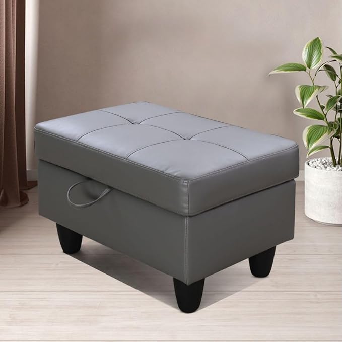 Dark Grey L-Shaped 3-Piece Faux Leather Sofa with Storage Ottoman Set, Sectional Couch Sofa Set for Living Room, Office, Small Space