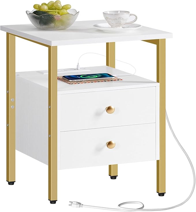HOOBRO End Table with Charging Station, Bedside Table with 2 Drawer & USB Port & Type-C Port, Nightstand for Small Spaces, Stable and Sturdy, for Living Room, White and Gold DW43UBZ01