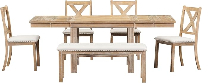 Ball & Cast Farmhouse 6 Piece Extendable Dining Table with Footrest,Living Room Furniture w/ 4 Upholstered Dining Chairs & Dining Bench,2 11" Removable Leaf,for Dining Room & Kitchen,Natural+Beige