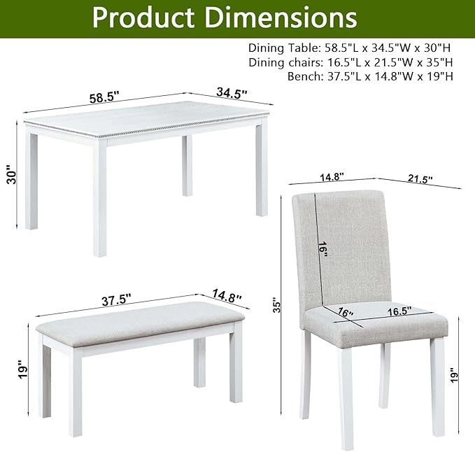 soges 6 Piece Wooden Dining Table Set, Dining Room Table with 4 Upholstered Chairs and Bench, Rectangular 6-Person Kitchen Dining Table Set with Crystal Decoration, White
