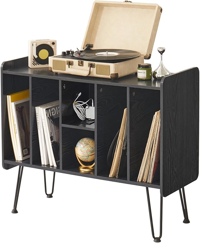 Large Record Player Stand with Vinyl Storage, Black Record Player Table with Power and USB Port, Holds Up to 200 Albums, Turntable Stand with Record Storage, Vinyl Record Player Storage Cabinet