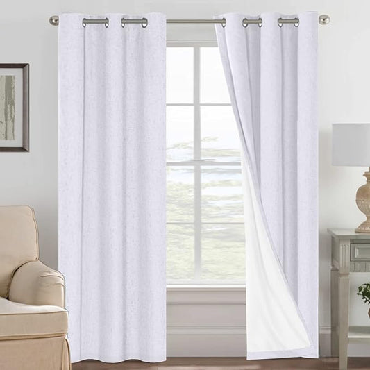 H.VERSAILTEX Primitive Linen Curtains 100% Blackout Curtain Drapes Burlap Curtains with White Thermal Insulated Liner, Grommet Top Drapes Living Room/Bedroom (2 Panels, 42 x 84 Inch, Bright White)
