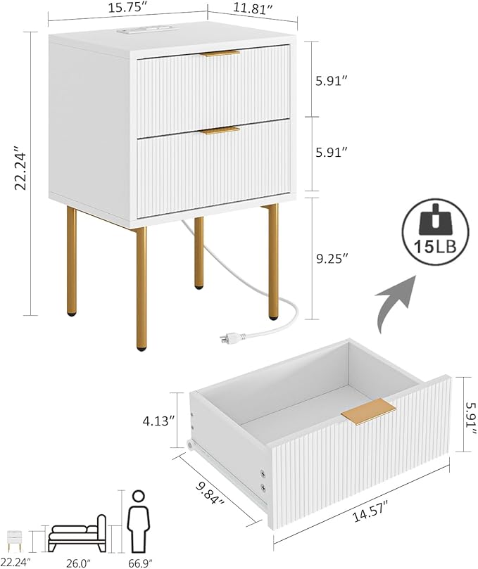 Masupu Nightstand with Charging Station,Mid-Century Modern Bedside Table with 2 Storage Drawer,Small Gold Frame Side End Table for Bedroom,Living Room (White)