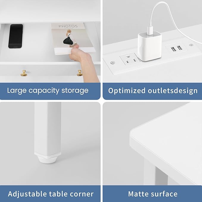 3 Wooden Drawers Nightstand, 27 Inch Wide Night Stand Set 2 with Charging Station and Adjustable Drawers, Bedside Table for Living Room/Bedroom/Office, White.