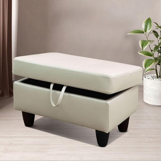 Pearl White L-Shaped 3-Piece Faux Leather Sofa with Storage Ottoman Set, Sectional Couch Sofa Set for Living Room, Office, Small Space