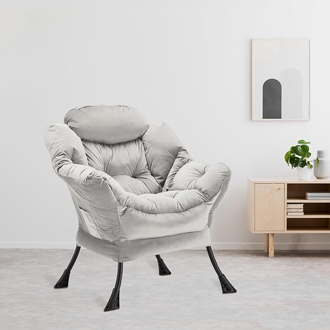 Lazy Chair Thick Padded, Comfy Velvet Accent Lounge Chair with Stable Frame, Leisure Sofa Armchair with Armrests and Side Pocket, Reading Chair for Bedroom, Living Room, Office, Light Gray
