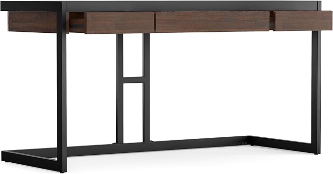 SIMPLIHOME Erina Desk - 60-Inch Wide Solid Acacia Wood and Metal Writing Desk in Distressed Charcoal Brown, Modern Industrial Home Office Computer Table for Study with 2 Drawers and Keyboard Tray