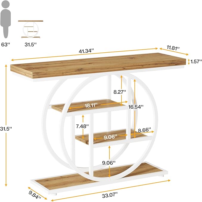 Tribesigns 41.3" Console Table, Industrial 4-Tier Sofa Table Entryway Table with Circle Base, Narrow Wood Accent Tables with Storage Shelves for Living Room, Hallway, Foyer, Brown White