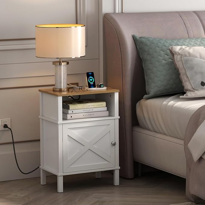 Farmhouse Nightstand with Charging Station, White Bedside Table with USB&Type-C Ports and Outlets, End Table with Storage, Night Stand for Bedroom, White and Rustic Brown WGBZ0601WFE