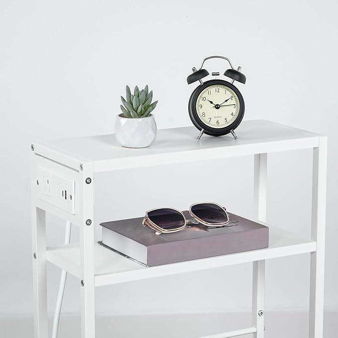 HOOBRO Small Narrow Side Table with Charging Station, Skinny End Table for Small Spaces, Slim Nightstand with USB Ports Outlet, Sofa Beside Table with Storage Shelf, White WT102UBZ01