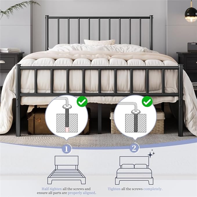 Yaheetech 14 Inch Full Size Bed Frame Metal Platform Bed with Spindle Headboard Footboard/Mattress Foundation/No Box Spring Needed/Underbed Storage Space/Steel Slat Support/Easy Set up, Black