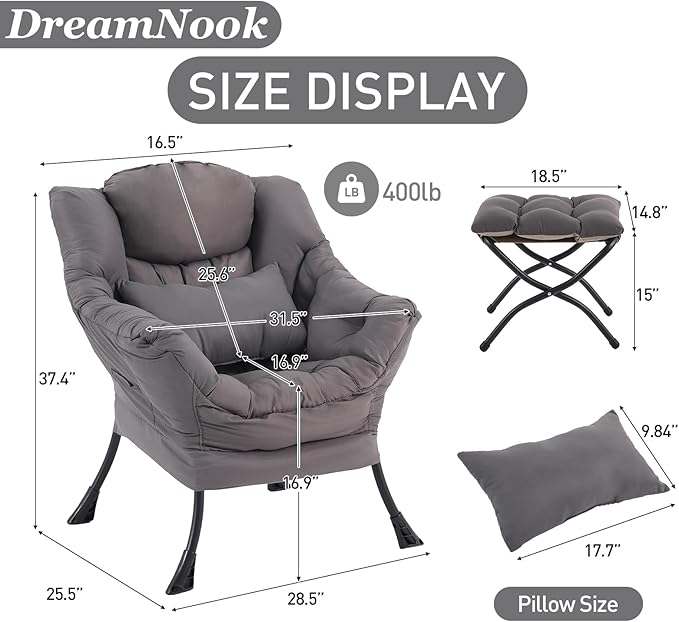 Lazy Chair with Ottoman, Modern Accent Chair with Lumbar Pillow, Comfy Chairs with Folding Footrest for Bedroom, Reading, Oversized Supportive Lounge Chairs(Dark Grey)