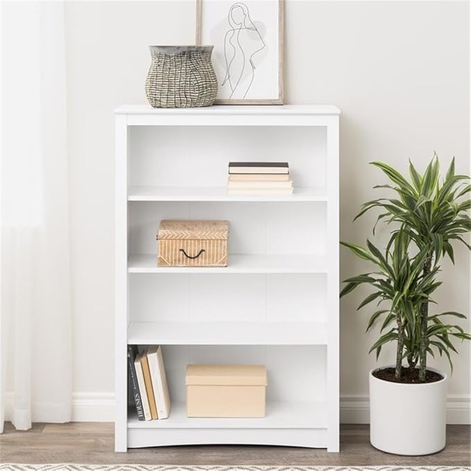 Prepac Sonoma 4-Tier Bookcase 48"H with 3 Adjustable Shelves, White Storage Cabinet, Modern Display Cabinet, Bookshelf with Storage Shelves for Home Office, Living Room, Bedroom Organizer