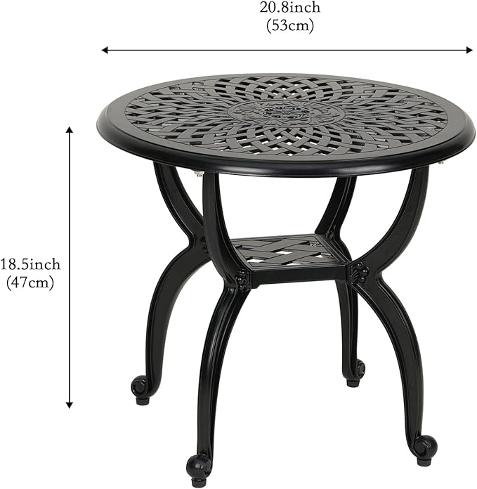 JARDIN DE CENTENNIAL Cast Aluminum Side/End Table, Anti-Rust Coffee Bistro Table for Outdoor, Patio, Indoor, Garden, Porch, Balcony (Round Black)