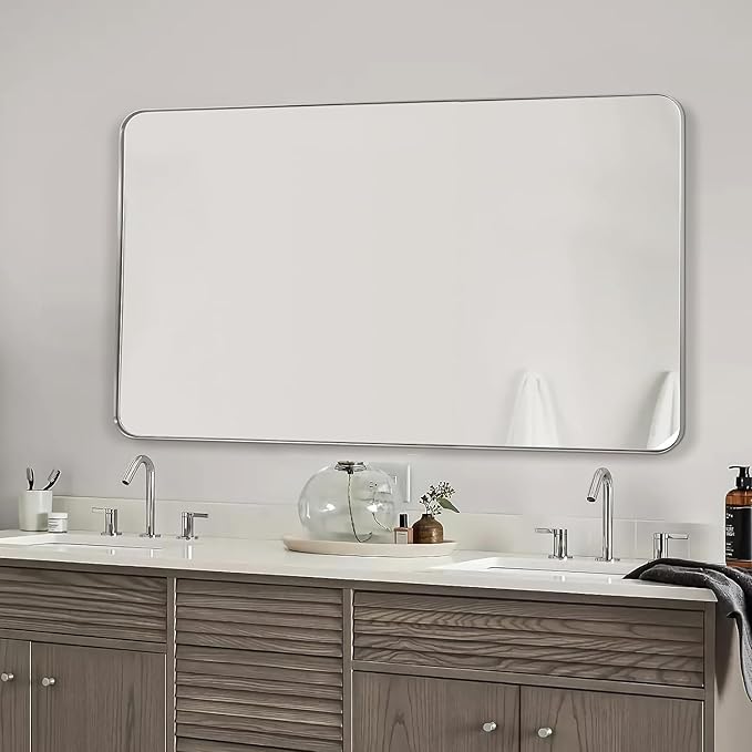 Silver Wall Mirror, 30x48 Inch Rounded Rectangle Vanity Mirror for Bathroom, Anti-Rust, Shatterproof, Farmhouse Wall Mounted Horizontal/Vertical