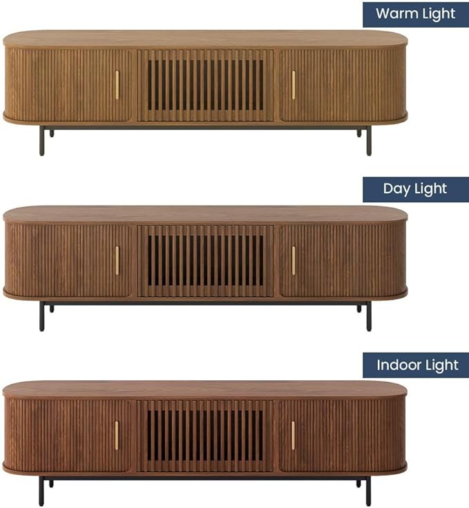 POVISON Sliding Tambour Door TV Stand with LED Lights, Mid Century Modern TV Console, Wood Media Console, Entertainment Center with Storage Cabinet, Fully-Assembled (Walnut, 78.74")