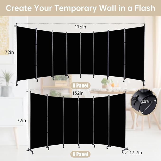 Room Divider 8 Panel Room Dividers/Wheels, Room Divider Panel for Office Room Partitions and Dividers, Portable Partition Wall Divider for Room Separation, Fabric Folding Room Dividers and Screens