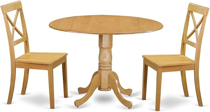 East West Furniture DLBO3-OAK-W 3 Piece Dining Set Contains a Round Dining Room Table with Dropleaf and 2 Wood Seat Chairs, 42x42 Inch, Oak