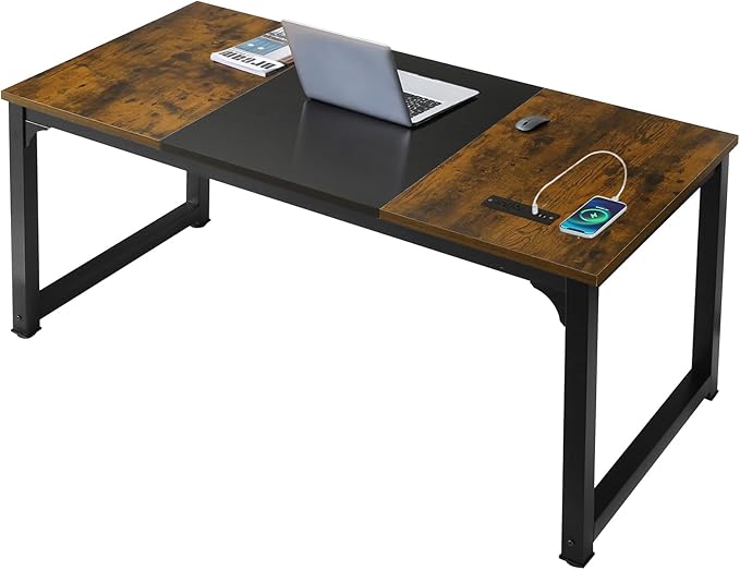 Large Computer Desk - 63 Inch Home Office Desks Study Student Writing Table Gaming Desk Wood Modern Simple Table with USB Ports, Vintage + Black