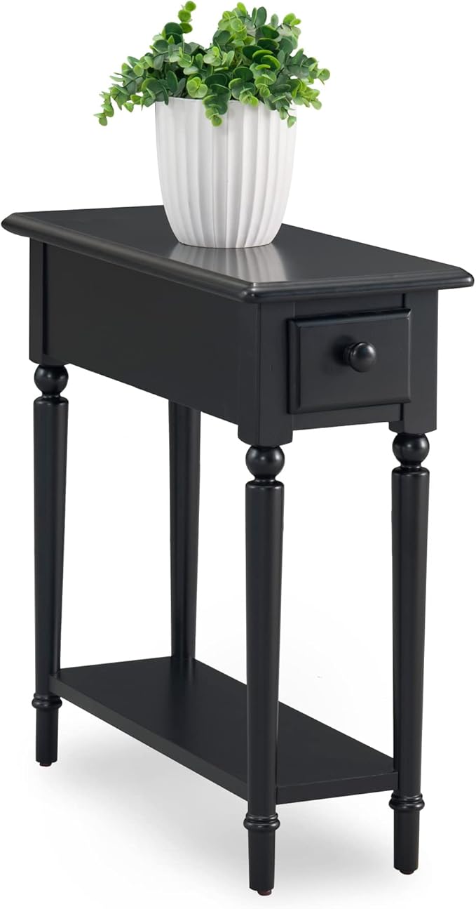 Leick Home Narrow End Table, Solid Wood, Black, 1 Drawer, 1 Display Shelf, Small Size, Easy Assembly, 10.01 in W x 23.46 in D x 23.98 in H, 20017-BK