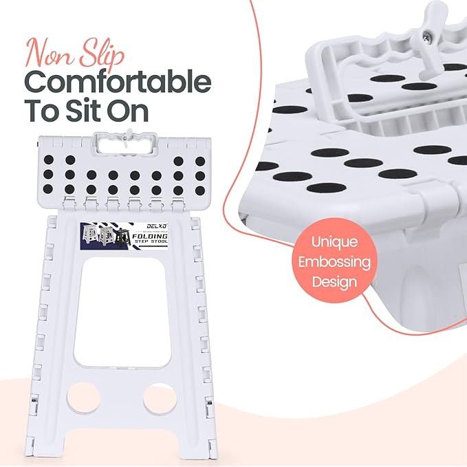 Delxo Folding Step Stool 17.5 Inch White Step Stools Foldable,Portable Collapsible Step Stool with Handle, Folding Stool for Kitchen Bathroom,Bedroom,Garden
