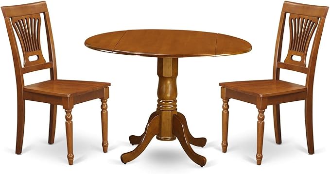 East West Furniture DLPL3-SBR-W 3 Piece Dining Table Set for Small Spaces Contains a Round Dining Room Table with Dropleaf and 2 Wood Seat Chairs, 42x42 Inch, Saddle Brown