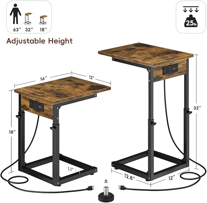 Vagusicc C Shaped End Table with Charging Station, 33" Tall Side Table for Couch, C Table Adjustable Height Small Couch Side Table, Slide Under Sofa Table TV Tray Table for Living Room, Bedroom, Brown
