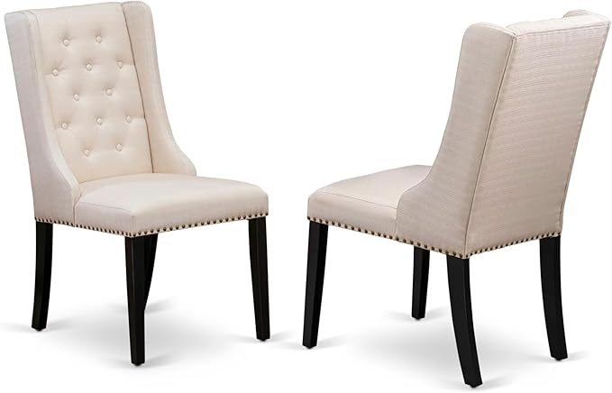 NKFO7-SBB-01-7-Piece Dining Set Consists of a Dining Table and 6 Cream Linen Fabric Kitchen Chairs & Black Legs with Button Tufted Back - Sand Blasting Black Finish.
