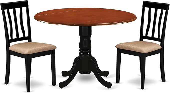 East West Furniture DLAN3-BCH-C 3 Piece Dining Room Table Set Contains a Round Kitchen Table with Dropleaf and 2 Linen Fabric Upholstered Dining Chairs, 42x42 Inch, Black & Cherry