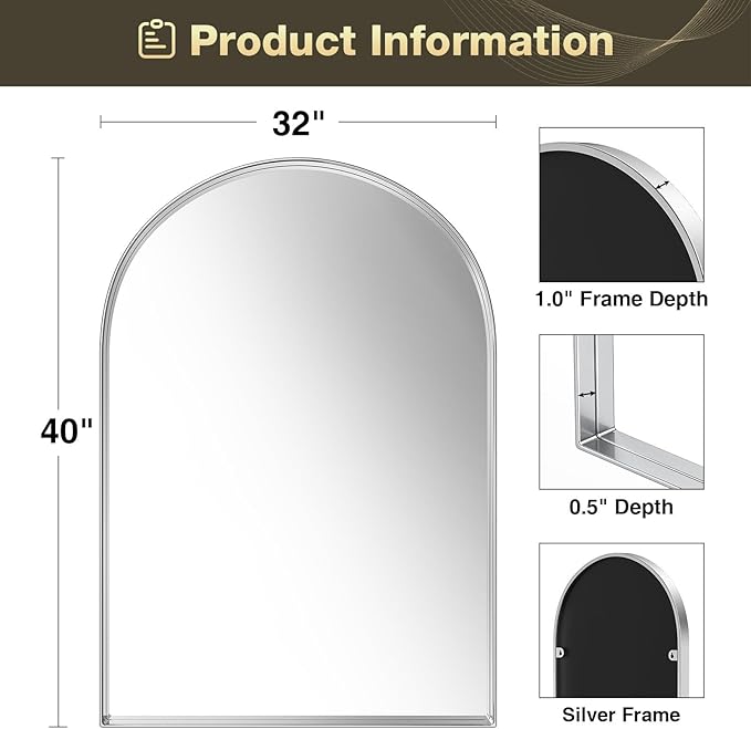 Brightify Arched Mirror, Arched Wall Mirror, 32 x 40 Inch Silver Arch Mirror, Metal Frame Silver Bathroom Mirror, Arched Top Bathroom Vanity Mirror for Living Room Bedroom Mantel Entryway Hallways