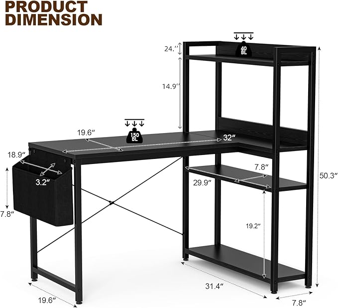 40 Inch L Shaped Computer Desk with Reversible Storage Shelves, Home Office Corner Desk Study Writing Table with Hutch, Study, Black