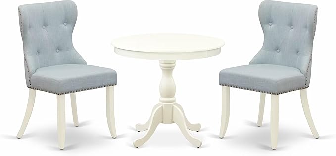 East West Furniture AMSI3-LWH-15 3 Piece Dining Table Set for Small Spaces Contains a Round Kitchen Table with Pedestal and 2 Baby Blue Linen Fabric Parsons Chairs, 36x36 Inch, Linen White