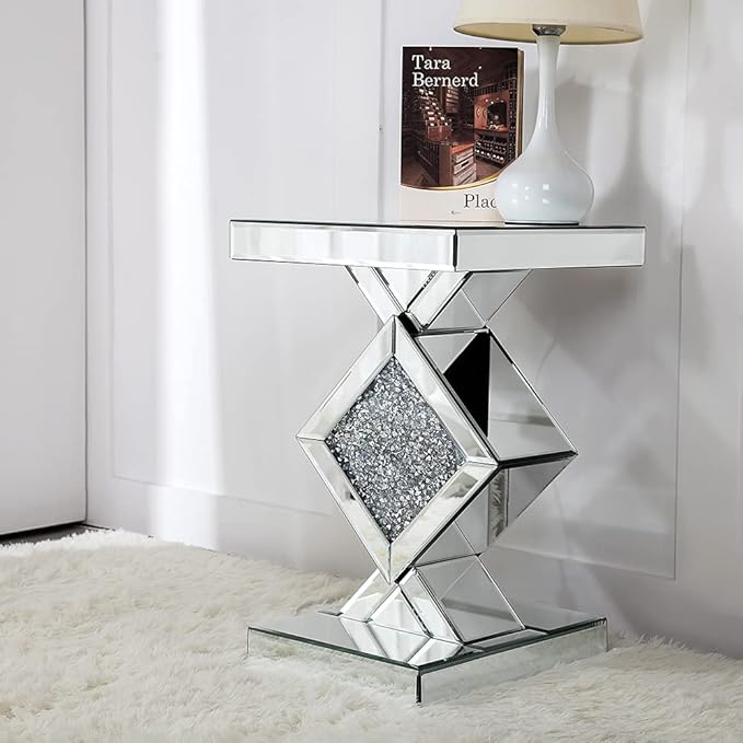 SHYFOY Mirrored End Table, Mirror Accent Side Table with Crushed Crystal Diamond, Finished Small Coffee Table, Glass Bedside Lamp Table, Silver Modern Style Decor for Living Room, Balcony, Bedroom