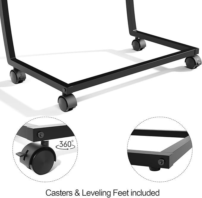 SRIWATANA Side Table, C-Shaped End Table with Rolling Wheels,Rustic Sofa Couch Table for Laptop Coffee Snack, Dark Walnut