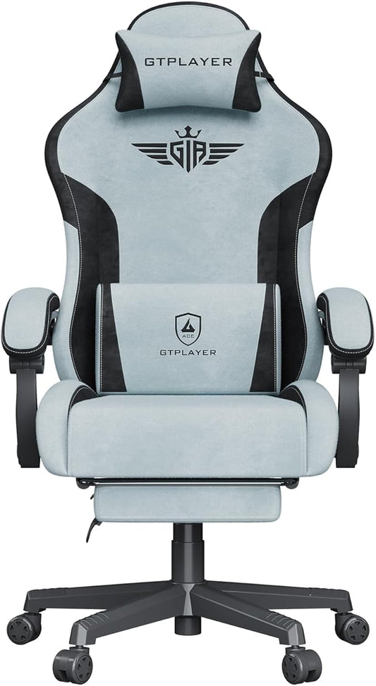 GTPLAYER Gaming Chair with Footrest, Big and Tall Game Chair High Back Computer Office Chair with Lumbar Support for Adults, Ergonomic Swivel Games Chair with Cushion Gaming Velvet Fabric Light Blue