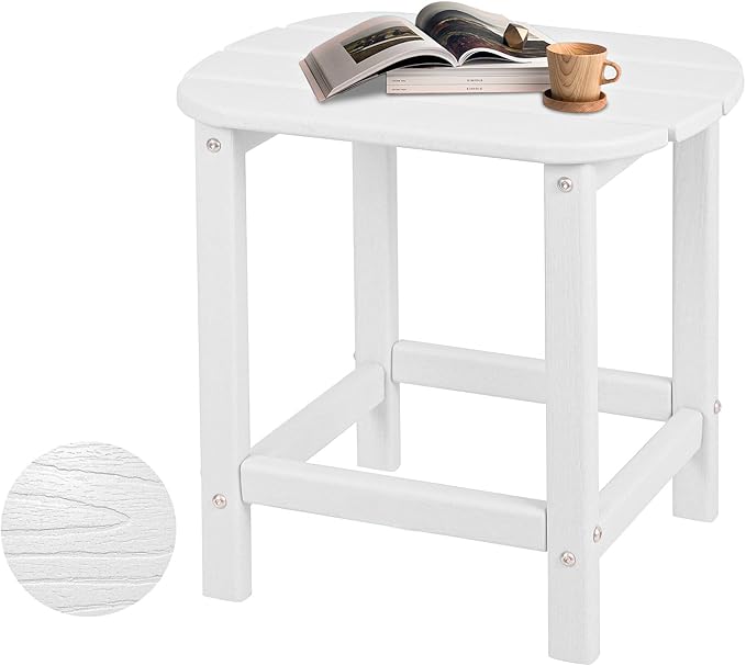 Hdpe Outdoor Adirondack Side Table, Wooden Textured, Set for Patio, Garden, Porch, Pool Composite Patio, Backyard, Bathroom and Indoor, Maintenance & Weather Resistant (White)