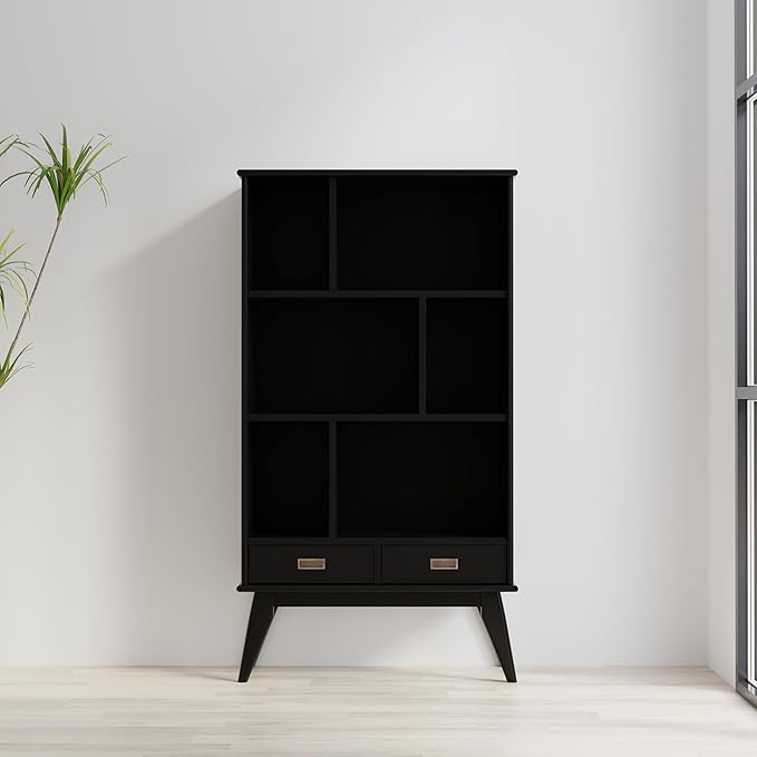 SIMPLIHOME Draper Bookcase - 64 inch Tall Solid Hardwood Wide Storage Bookshelf in Black, Mid-Century Modern Storage for Living Room, Study Room or Office with Adjustable Shelves and Tapered Legs