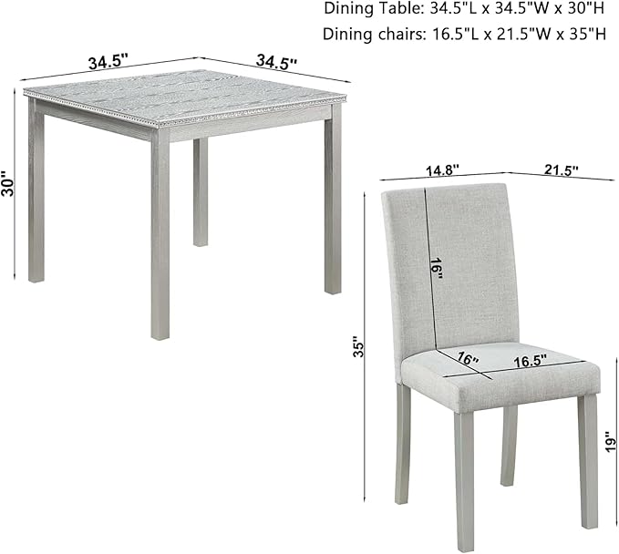 Dining Table Set for 4, 5-Piece Dining Room Table Set with Square Crystal Decoration Table & 4 Upholstered Backrest Chairs, Counter Height Kitchen Sets with Faux Wood Grain Design, Silver Gray