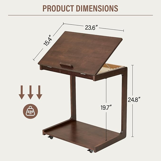 CozyDH Adjustable C Shaped End Table, Rolling Side Table Solid Wood TV Sofa Tray Table for Couch Arm Eating Multi-Purpose, Small Coffee Table with Wheels Living Room Bedroom, Dark Walnut
