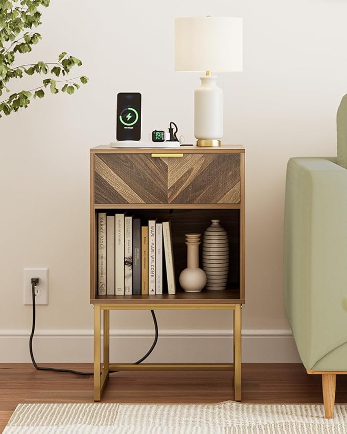 Nightstand with Charging Station,Modern Night Stand Boho Farmhouse Wood Bedside Table with Storage Drawer and Open Shelf,Side End Table for Bedroom,Living Room,Walnut