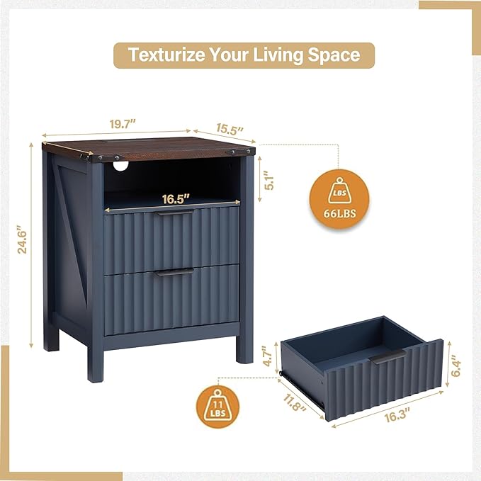 Navy Blue Nightstand with Charging Station Set of 2-20 Inch Wide Farmhouse Fluted Bedside Table with 2 Drawers, Modern Wood End Side Table for Bedroom Study Storage Home