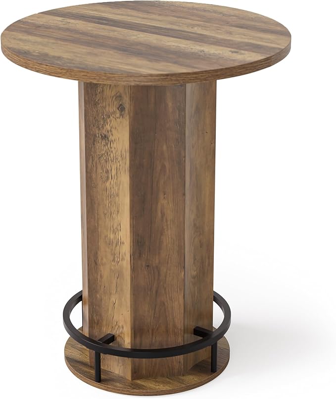 LITTLE TREE Round Bar Table, 39.4" H Wooden Bistro Pub Table with Round Metal Footrest, Small Pub Cocktail Table for Dining Coffee Living Room, Apartment, Balcony, Rustic Brown