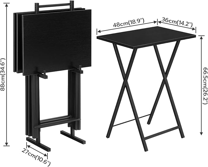 HOOBRO Folding TV Tray Tables, Set of 4 TV Trays with Storage Rack, Industrial Side Table for Eating at Couch, Foldable Snack Table for Small Space, Easy Assembly, Black BK50BZ01
