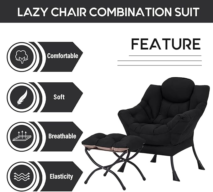 LITA Lazy Chair With Ottoman, Modern Accent Leisure Upholstered Sofa, Contemporary Lounge Reading With Armrests and Side Pocket for Living Room, Bedroom & Small Space, Black