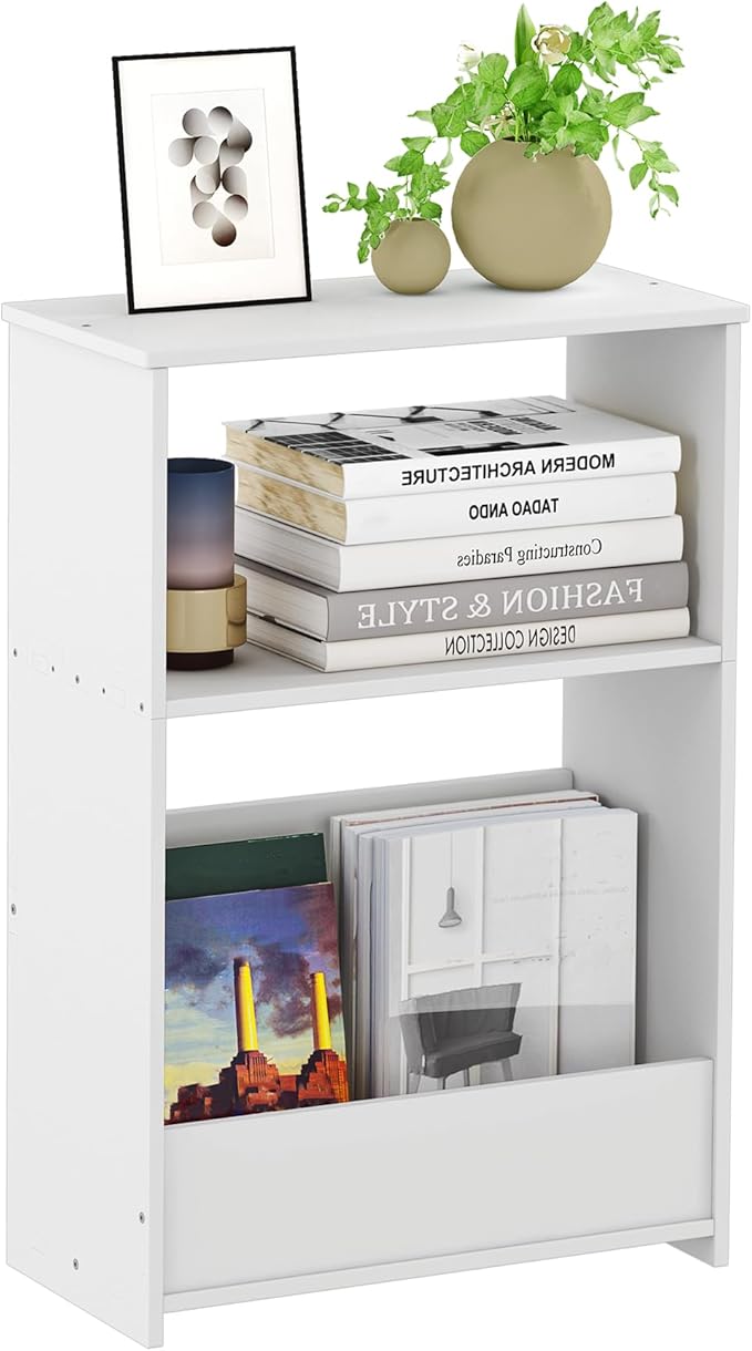 3-Tier Narrow End Table, Small Stand Shelf Narrow White Side Table with Storage Shelf, Small Bookshelf Bedside Table for Bedroom, Living Room, Office, Bathroom