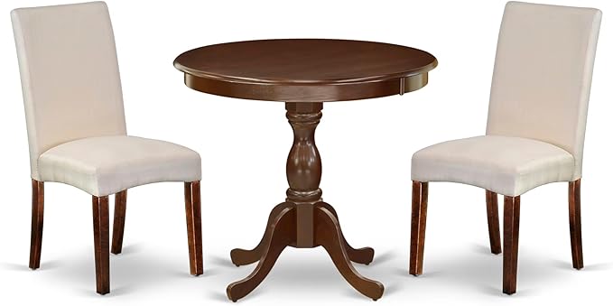 East West Furniture AMDR3-MAH-01 3 Piece Dinette Set for Small Spaces Contains a Round Kitchen Table with Pedestal and 2 Cream Linen Fabric Parson Dining Chairs, 36x36 Inch, Mahogany
