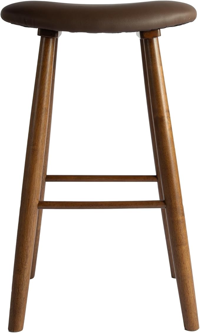 Nora 30" Upholstered Bar Stool, Backless Saddle Seat with Faux Leather Cushion, Solid Rubber Wood Frame in Brown Finish, Ideal for Kitchen Island or Home Bar Use