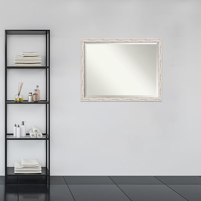 Amanti Art White Bathroom Mirror for Over Sink, 33x43 Alexandria White Wash Narrow Rectangle Vanity Mirror, X-Large Cottage Wood Frame, Hangs Horizonally and Vertically, Bathroom Wall Decor, Beveled