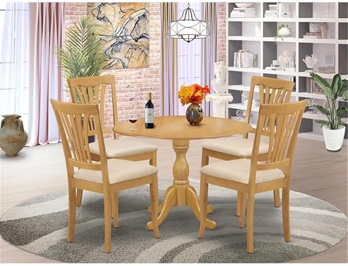 East West Furniture DMAV5-OAK-C 5 Piece Kitchen Table Set for 4 Includes a Round Dining Table with Dropleaf and 4 Linen Fabric Dining Room Chairs, 42x42 Inch, Oak
