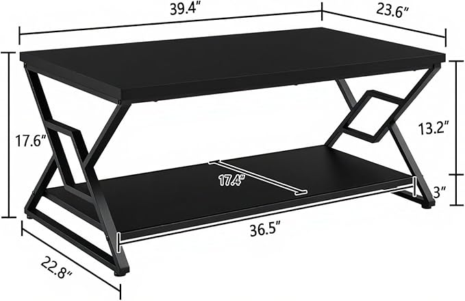 HOMISSUE Coffee Table, Rustic Rectangle Coffee Table with 2-Tier Storage, Engineered Wood Center Table with Open Shelves, Minimalist Coffee Table for Living Room, 39 Inch, Black